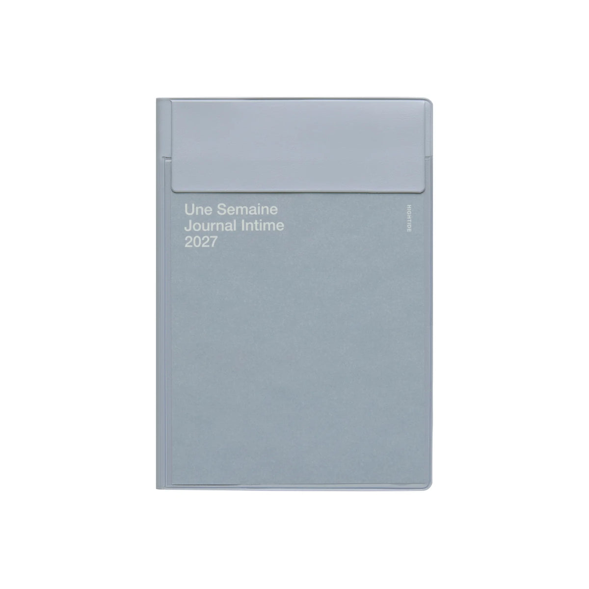 A light blue-gray weekly journal cover with a matching envelope-style flap at the top, featuring the text 'Une Semaine Journal Intime 2027' in white, shown on a plain white background.