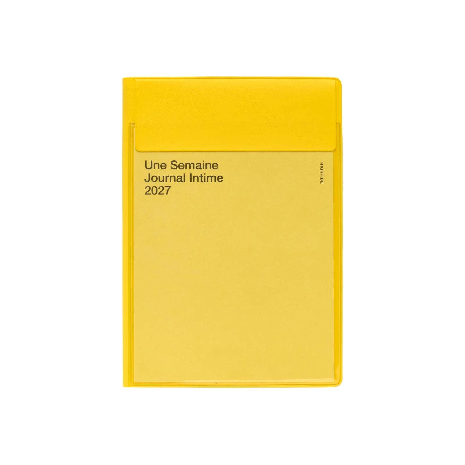 A bright yellow weekly journal cover with black printed text reading 'Une Semaine Journal Intime 2027' on a plain white background.