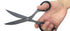 Hand holding a pair of black scissors against a white background