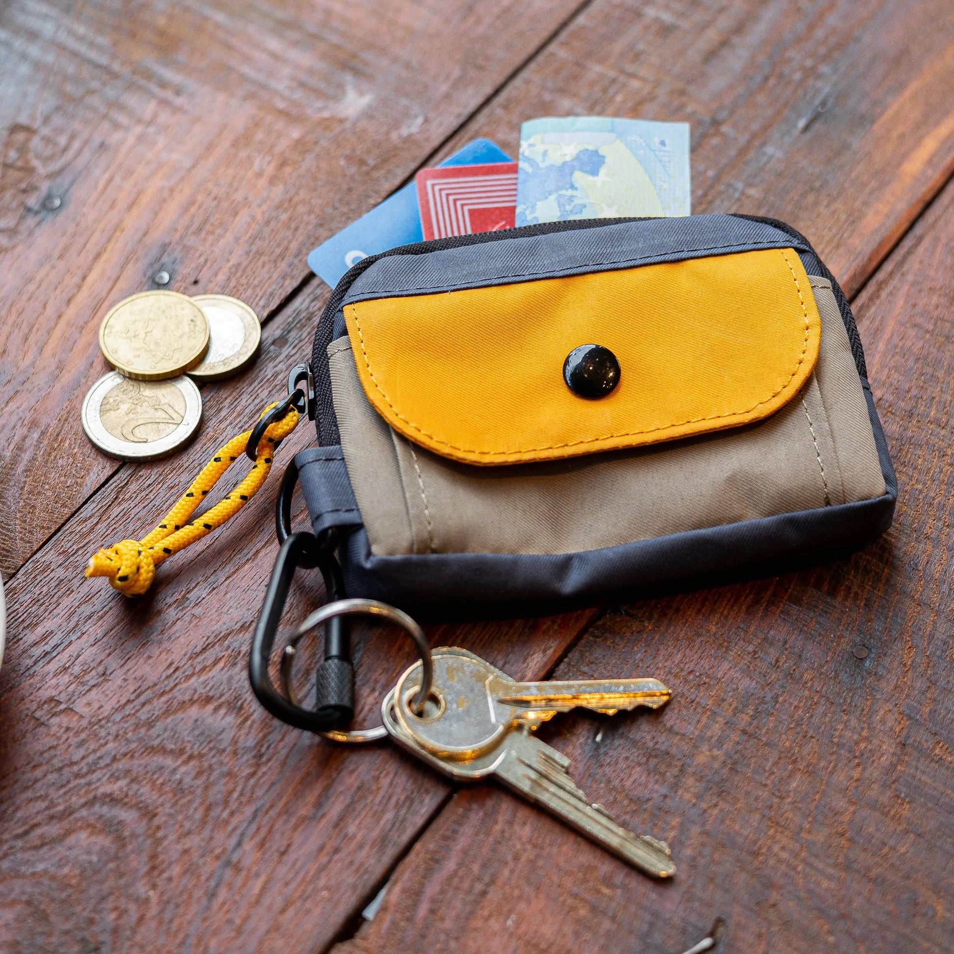 Small wallet with yellow flap, coins, keys, and cards on a wooden surface