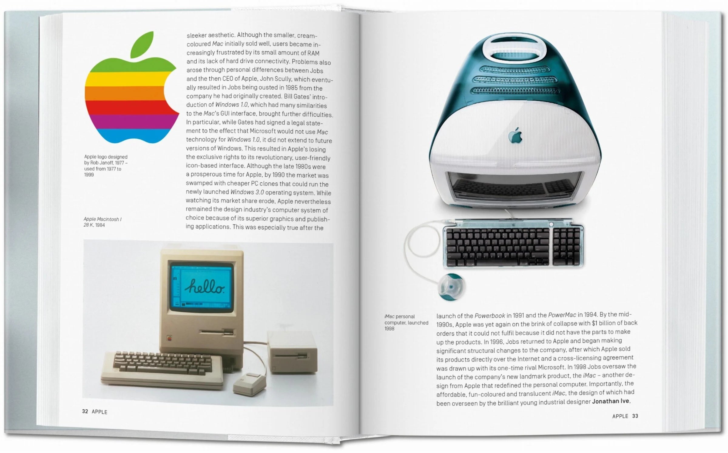 Open book showing images of Apple computers and the Apple logo.