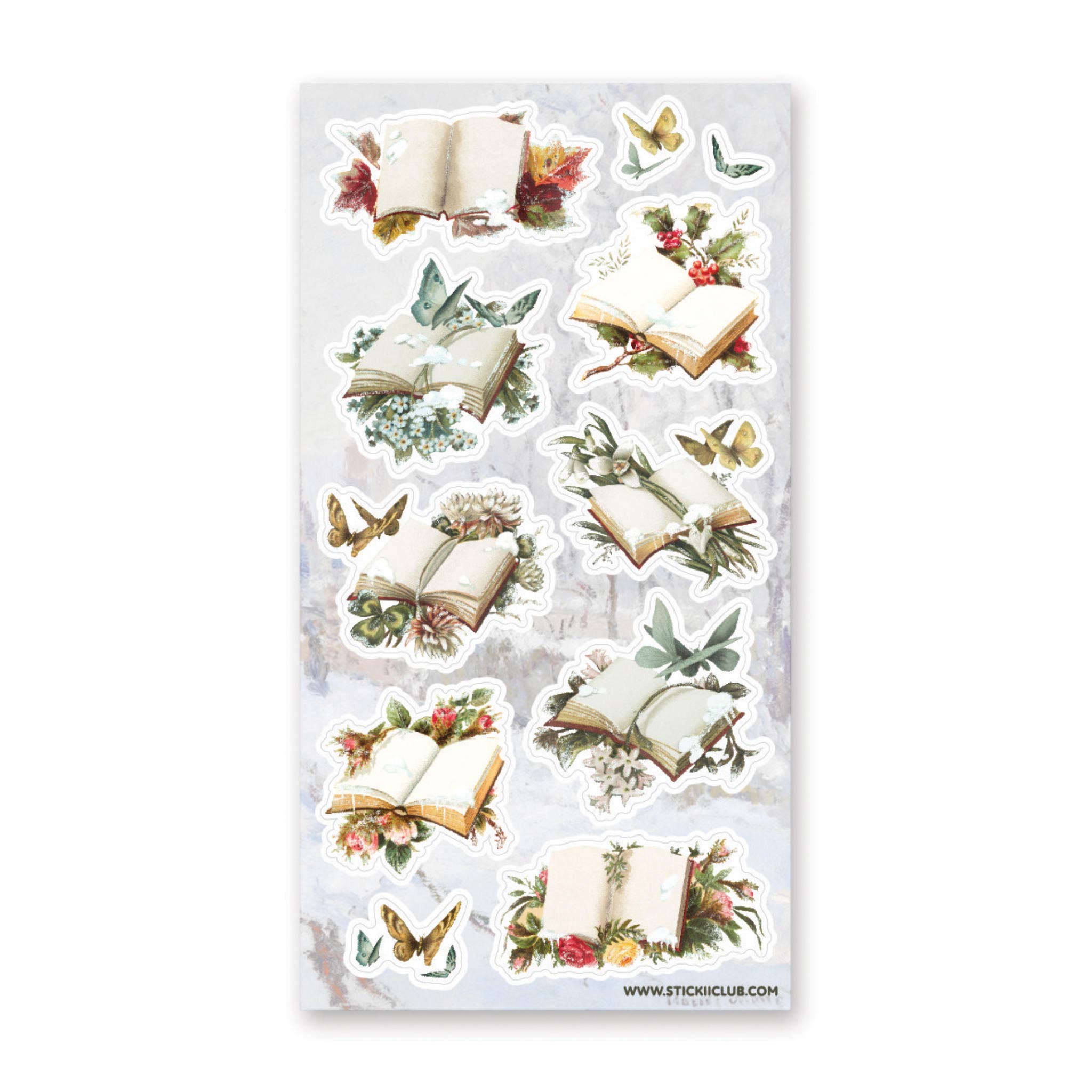 Sheet of decorative stickers with open books and flowers on a white background