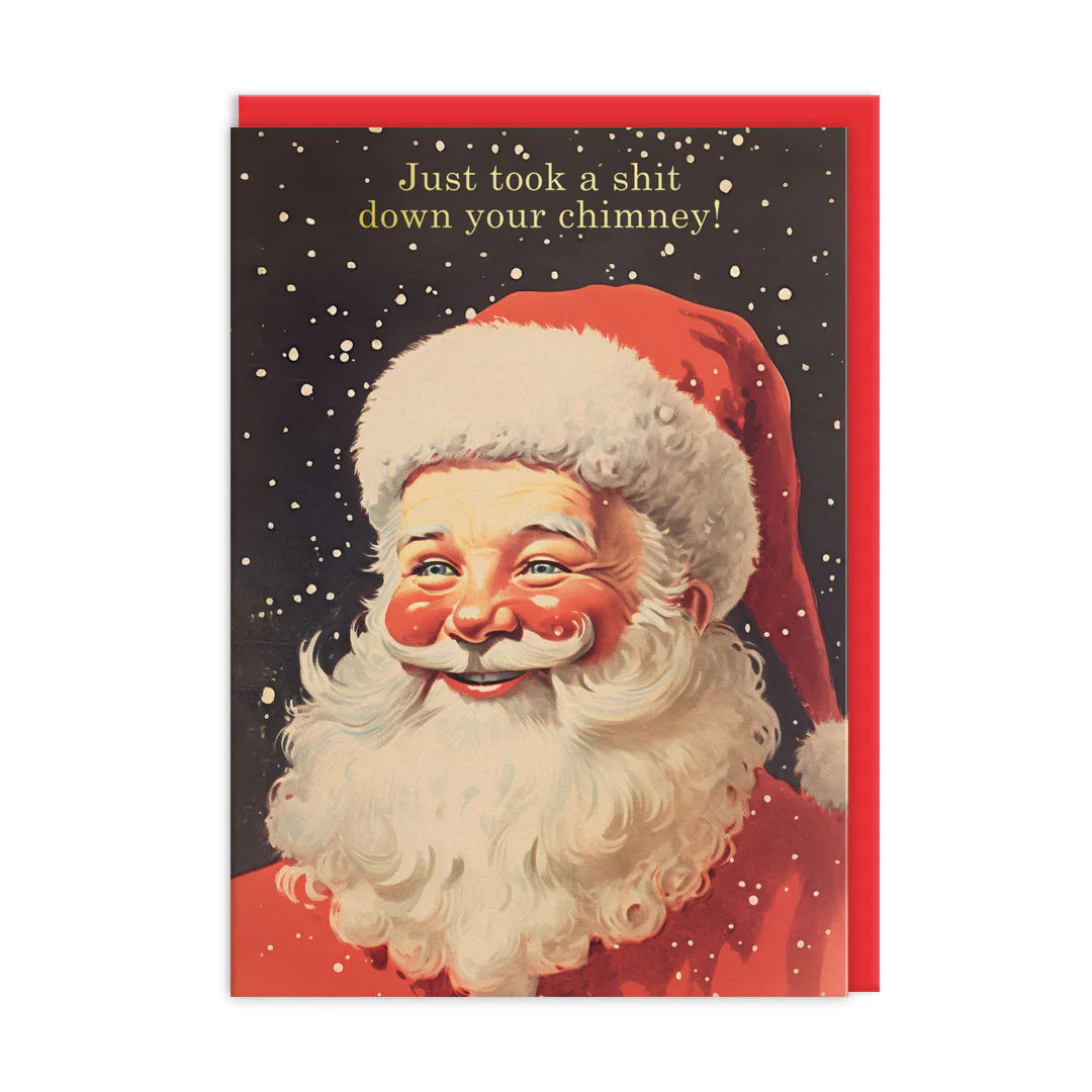 Vintage-style Santa Claus card with humorous text on a dark background
