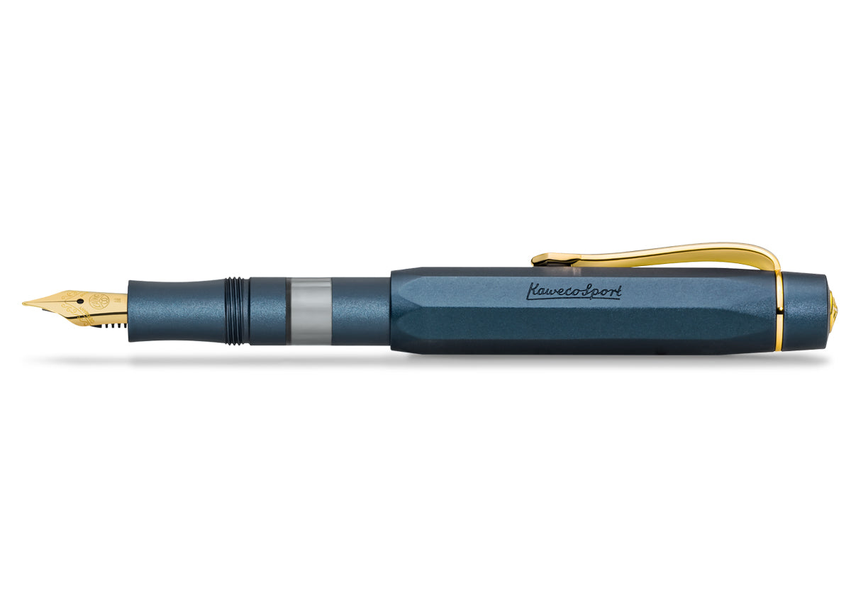 Blue fountain pen with gold accents on a white background