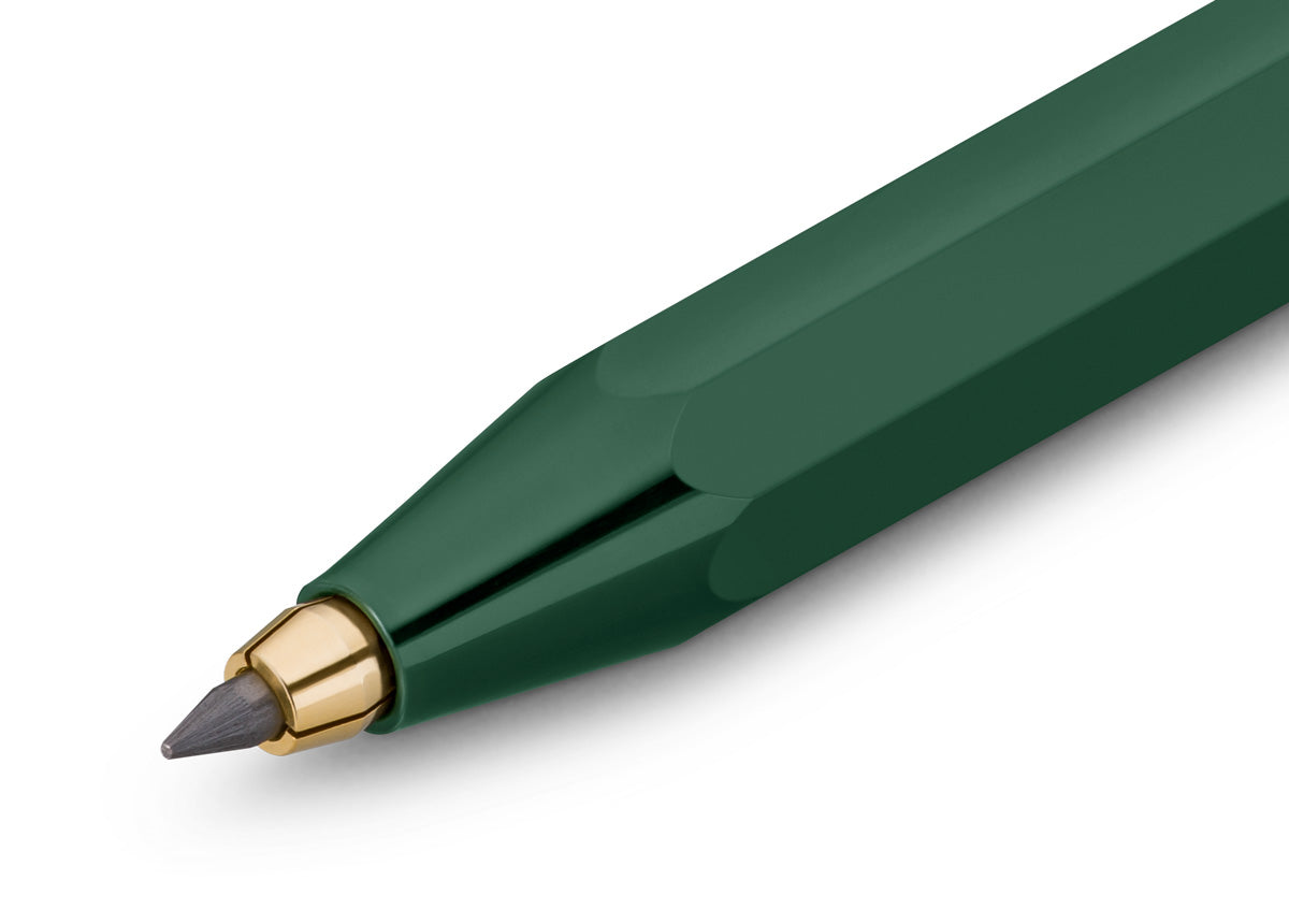 Green pencil with gold accents on a white background