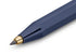 Blue pencil with gold accents on a white background