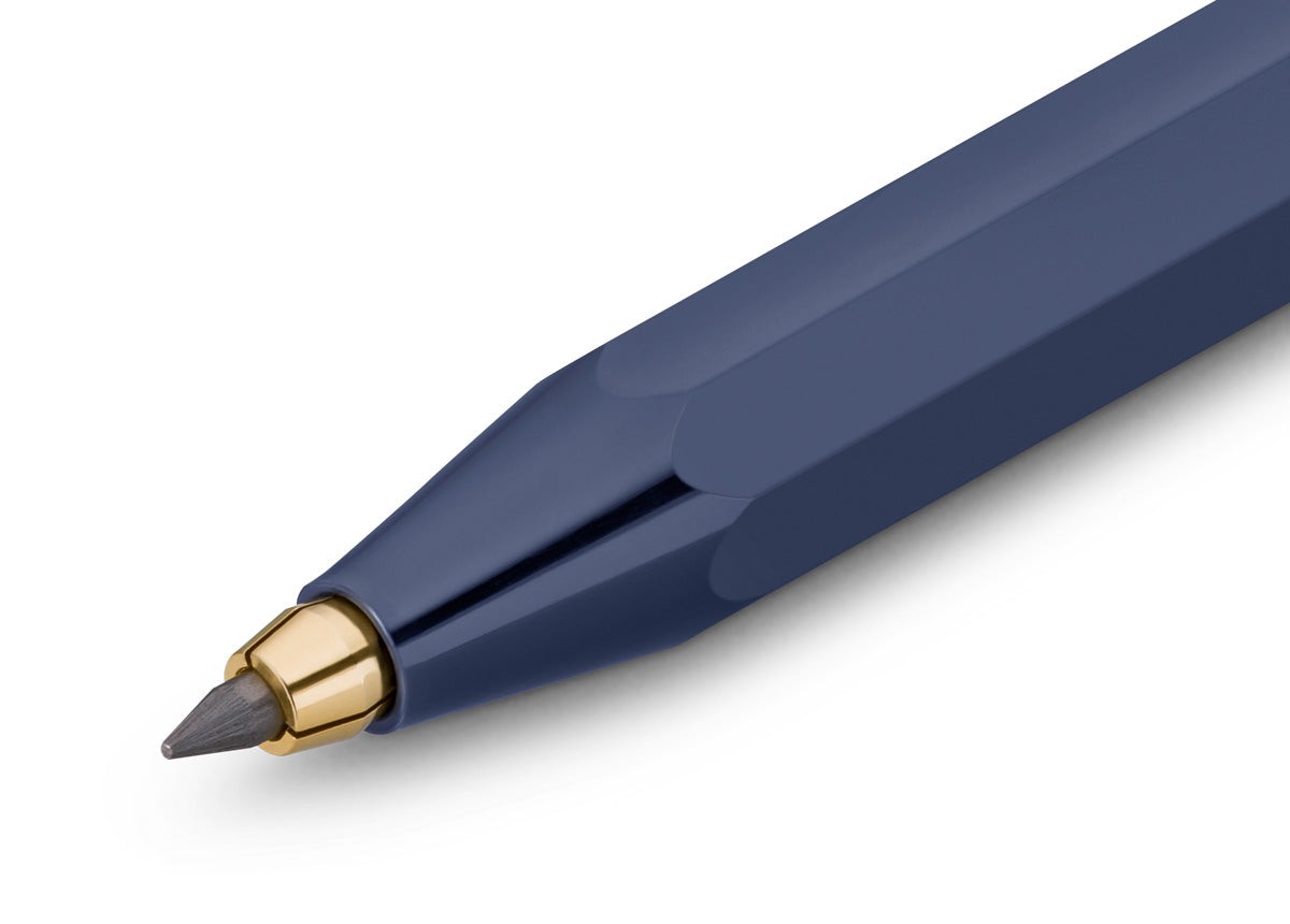 Blue pencil with gold accents on a white background