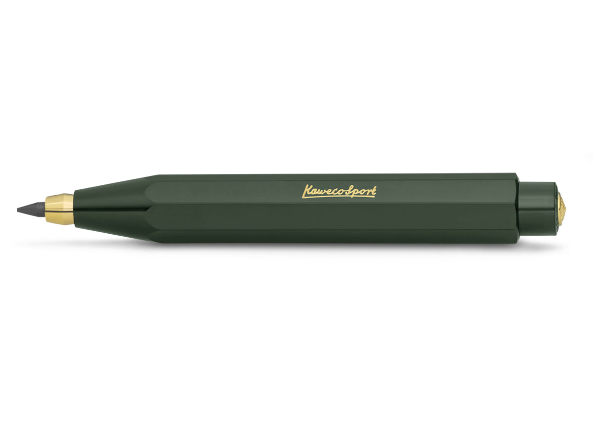 Green pencil with gold accents on a white background