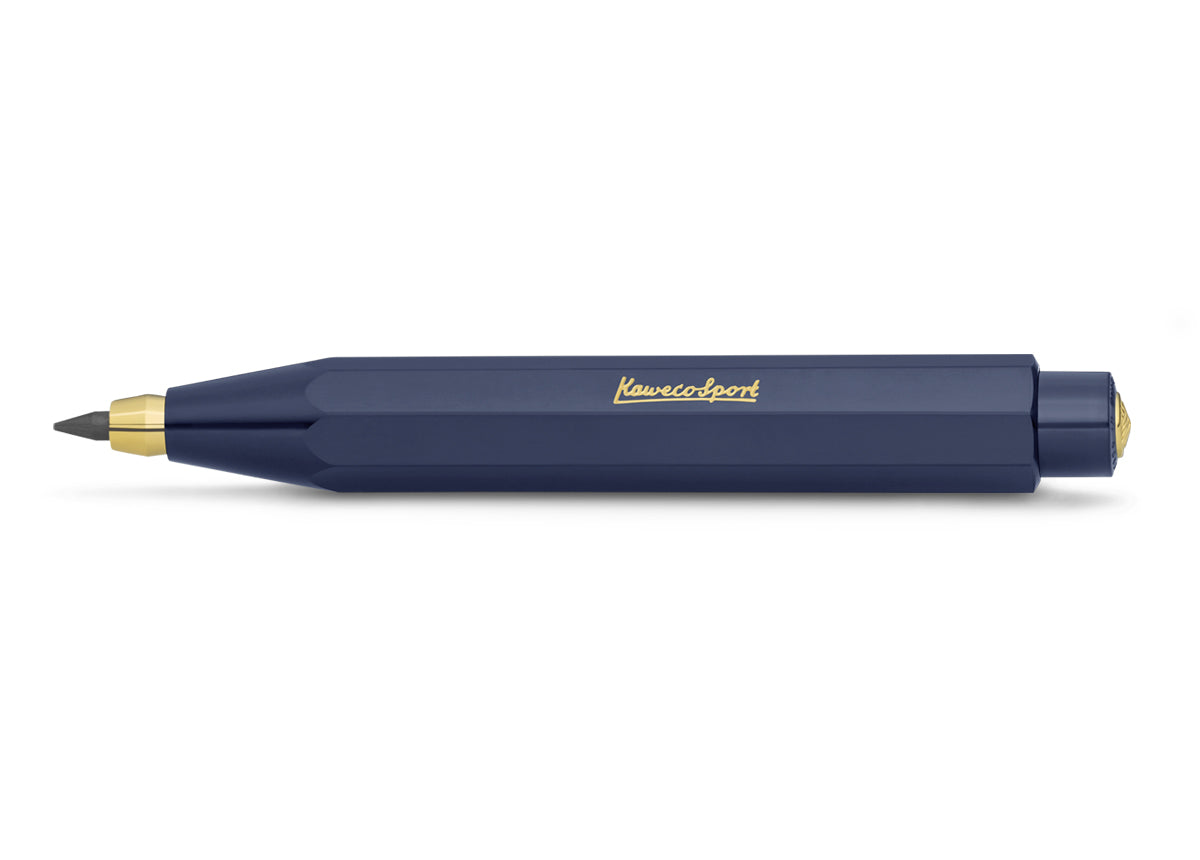 Blue pencil with gold accents on a white background
