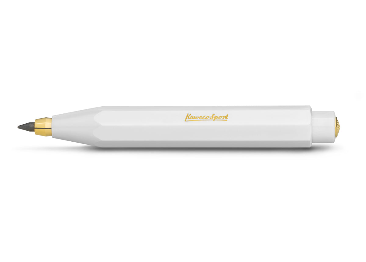 White pencil with gold accents on a white background