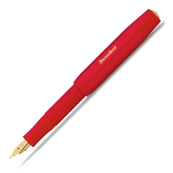 A red fountain pen with a gold nib and a gold cap tip, shown diagonally on a white background with a soft shadow.