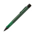 Green pen with black accents on a white background