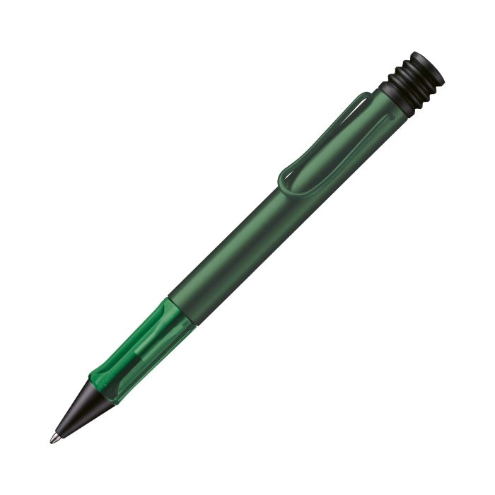 Green pen with black accents on a white background