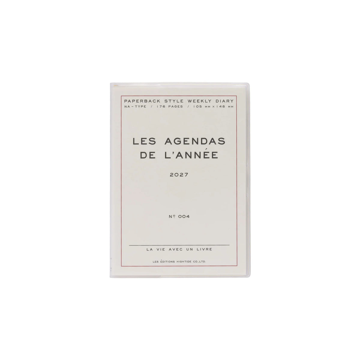 A minimalist paperback weekly diary titled 'LES AGENDAS DE L'ANNÉE 2027' on a clean white background. The book features a cream-colored cover with thin red border lines and black text, published by Les Editions Marabout.