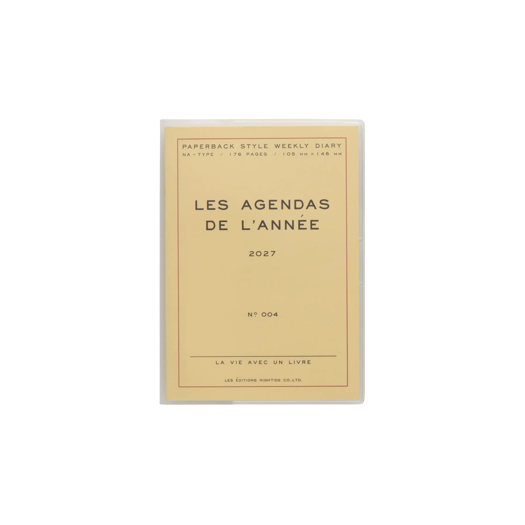 A paperback weekly diary titled 'LES AGENDAS DE L'ANNEE 2027' in a minimalist beige design with black text, shown in a clear protective sleeve against a white background.