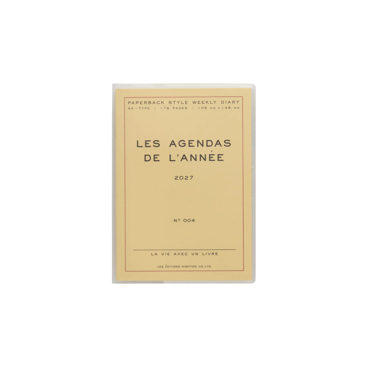 A paperback weekly diary titled 'LES AGENDAS DE L'ANNEE 2027' in a minimalist beige design with black text, shown in a clear protective sleeve against a white background.