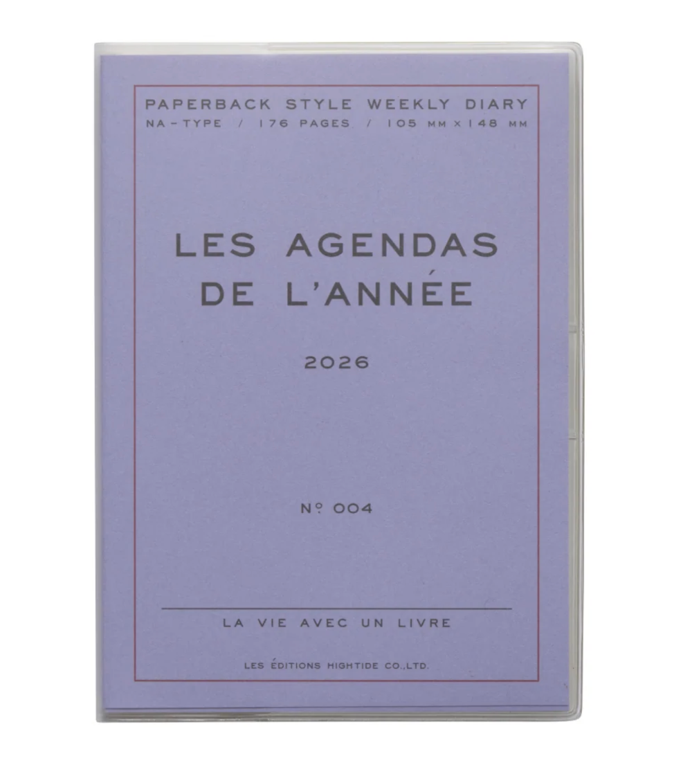 Purple diary cover with text 'Les Agendas de l'Année 2026' on a white background