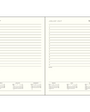 An open planner or calendar showing two cream-colored interior pages with lined writing areas, date headers, and small monthly calendar grids at the bottom.