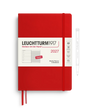 Red Leuchtturm1917 2027 weekly planner notebook with a white paper band and a matching red ribbon bookmark, shown on a white background with a line drawing of a pen beside it.