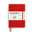 Red Leuchtturm1917 2027 weekly planner notebook with a white paper band and a matching red ribbon bookmark, shown on a white background with a line drawing of a pen beside it.