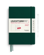 Leuchtturm1917 2027 weekly planner in dark forest green with a white paper band around the middle and a matching pen shown to the right, on a white background.