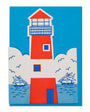 Colorful illustration of a lighthouse on a blue background