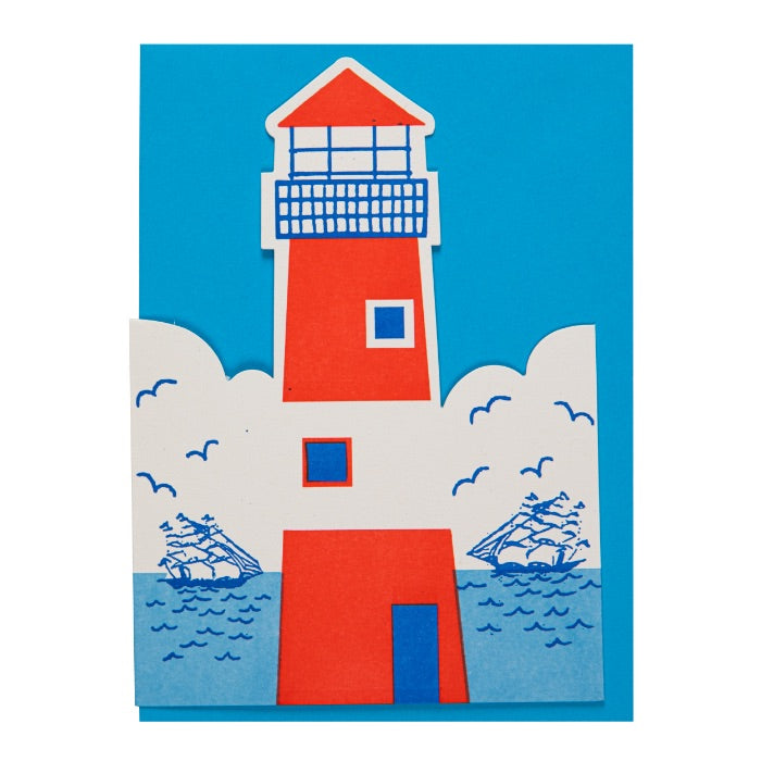 Colorful illustration of a lighthouse on a blue background