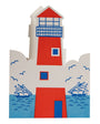 Colorful lighthouse illustration with ships and waves on a white background