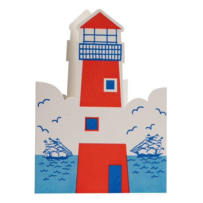 Colorful lighthouse illustration with ships and waves on a white background
