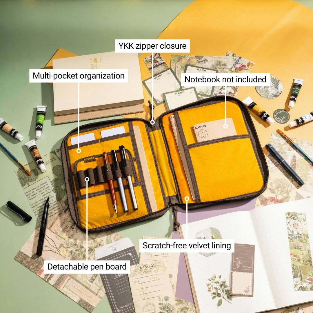 Yellow and brown organiser with pen board and stationery items on a green surface