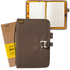Brown notebook with a buckle, open to show lined pages, on a white background.