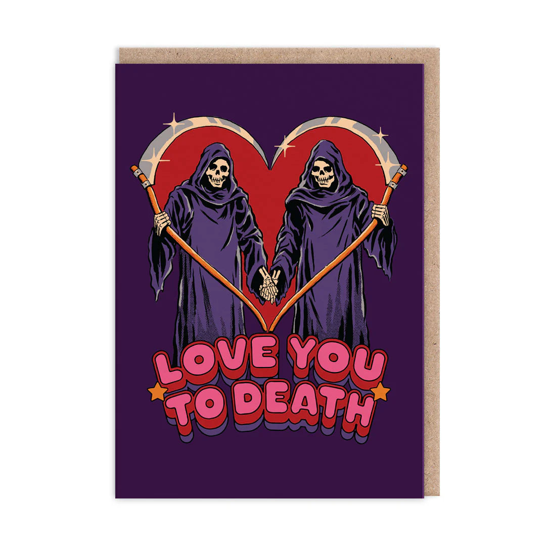 Two grim reapers holding hands and their scythes are in the shape of a heart on a purple background