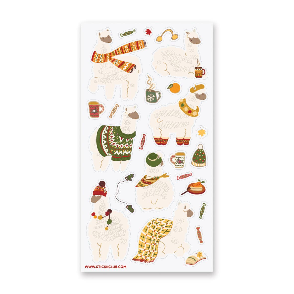 Sheet of stickers featuring cartoon llamas and winter items on a white background