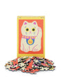 Cat-themed puzzle with colorful pieces and packaging on a white background
