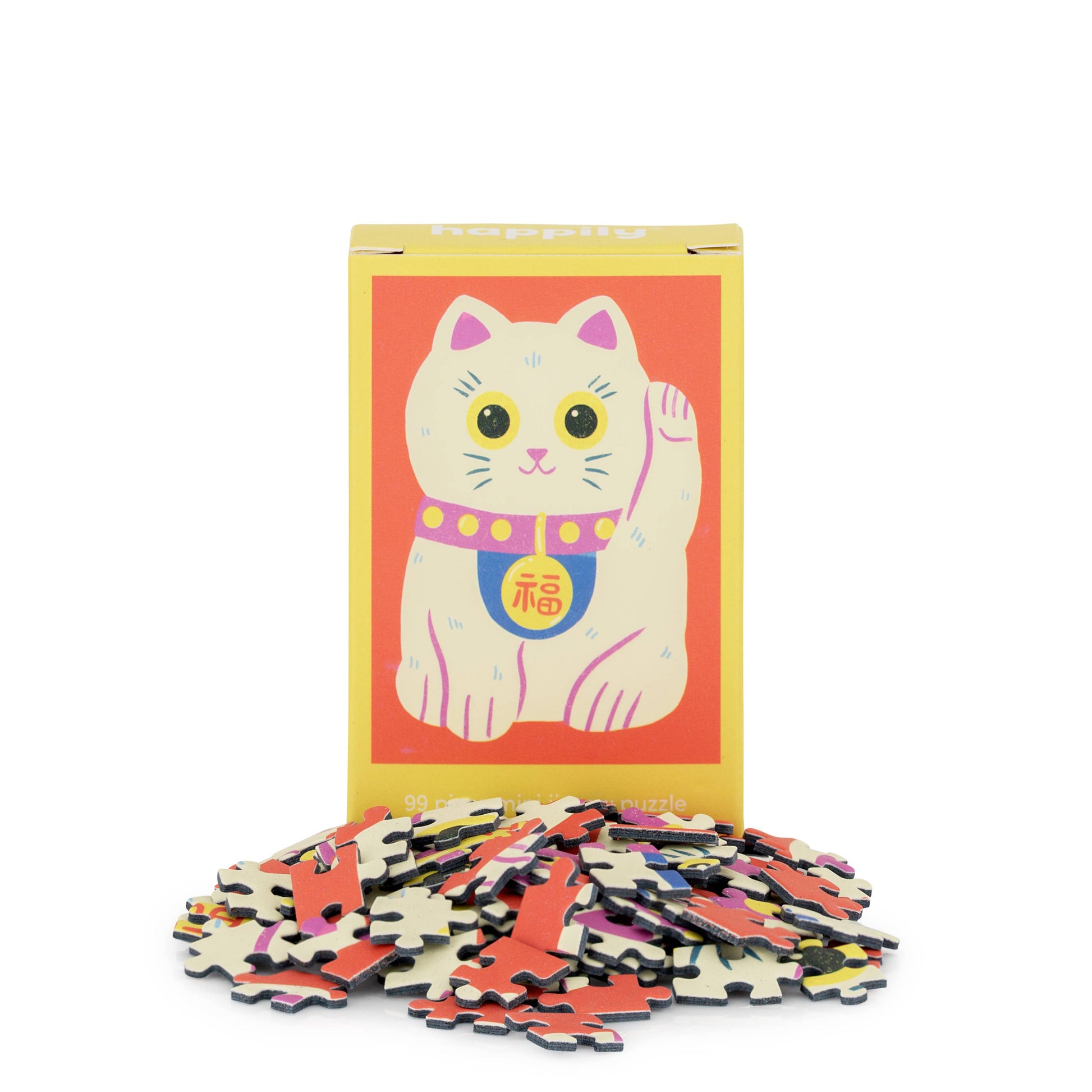 Cat-themed puzzle with colorful pieces and packaging on a white background