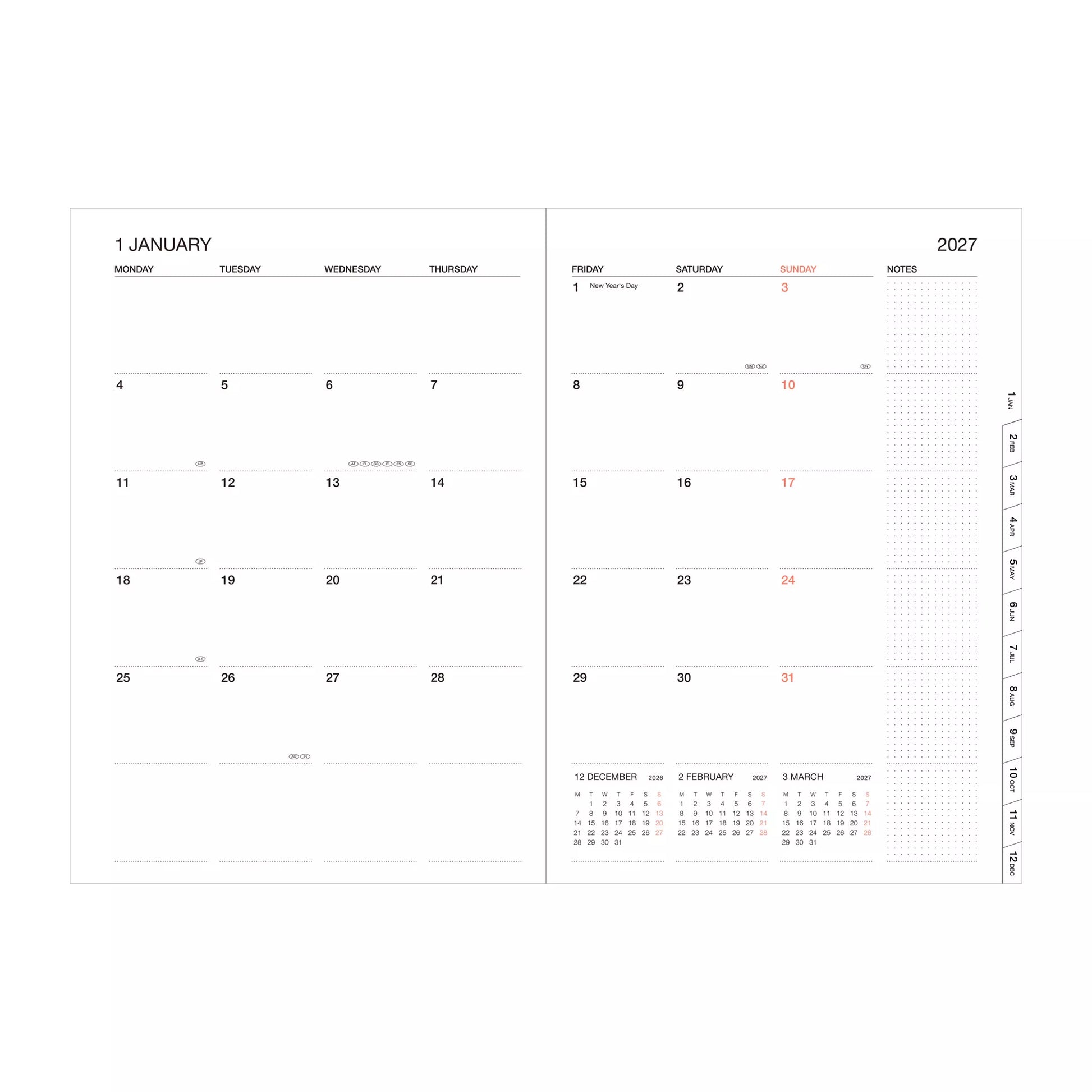Calendar for January 2027 with a white background