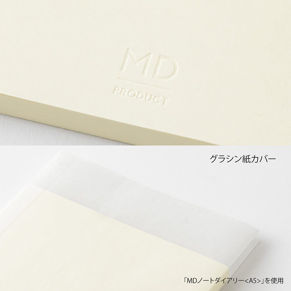 A close-up of a cream-colored notebook cover with embossed 'MD PRODUCT' branding, shown above a folded view of the same paper cover on a white background with Japanese text.
