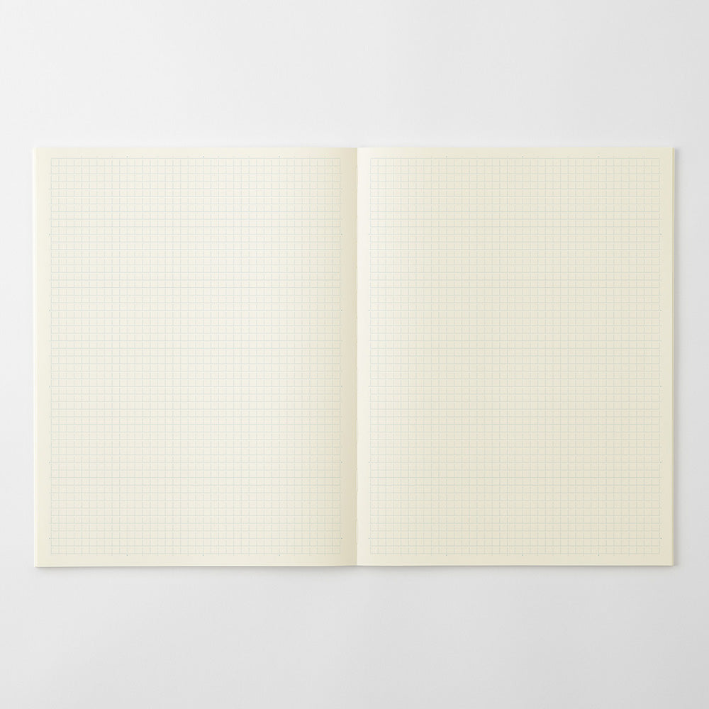 An open notebook with two cream-colored grid pages, displayed flat against a light gray background.