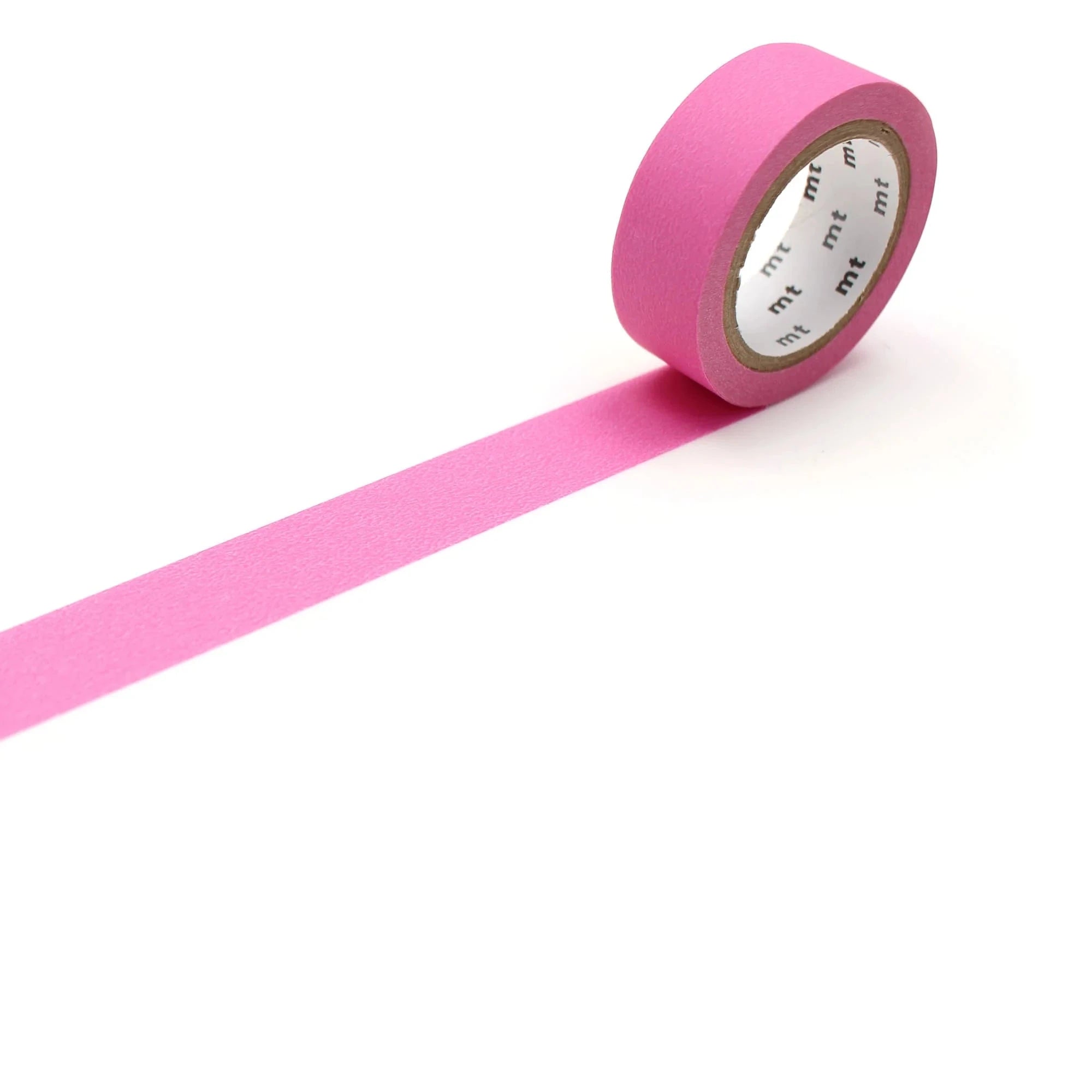 Roll of matte pink tape with a white label on a white background