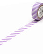 Roll of purple and white striped tape on a white background