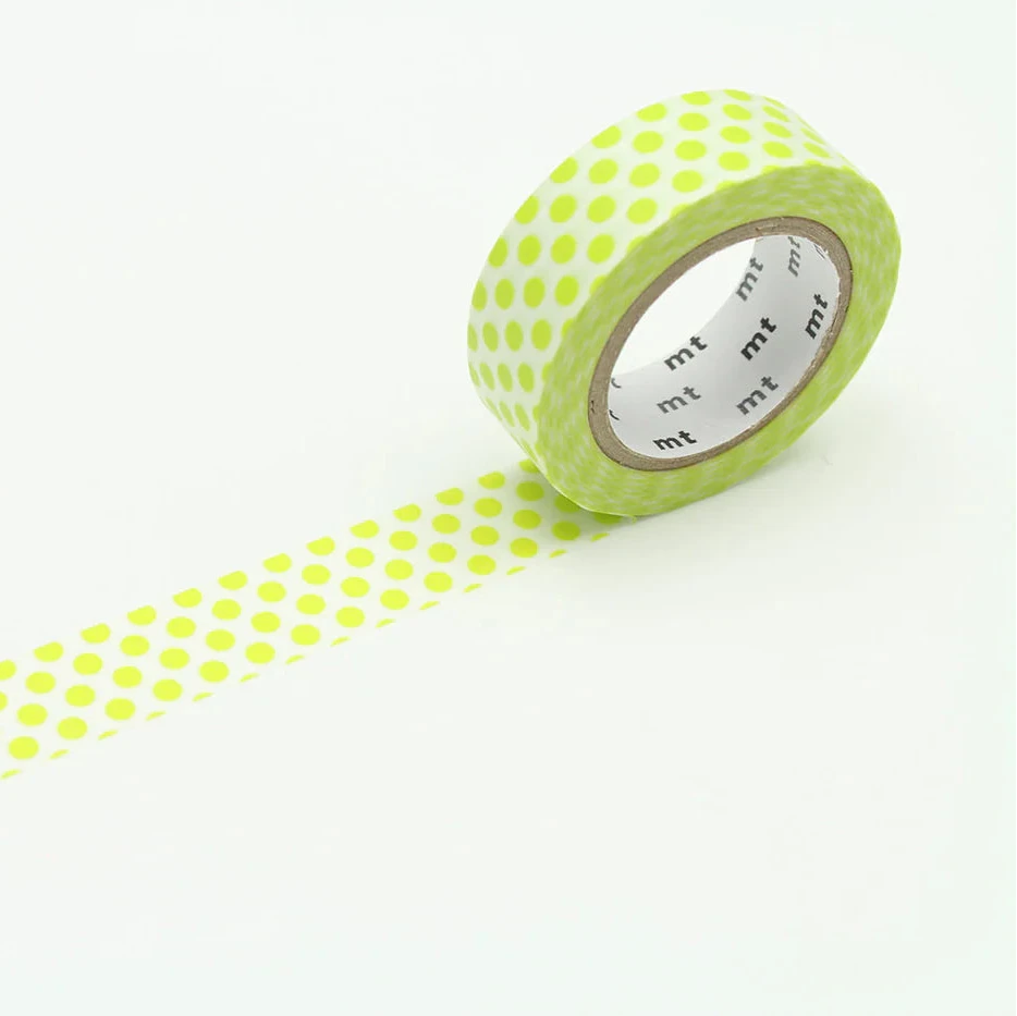Roll of green washi tape with a dotted pattern on a white background