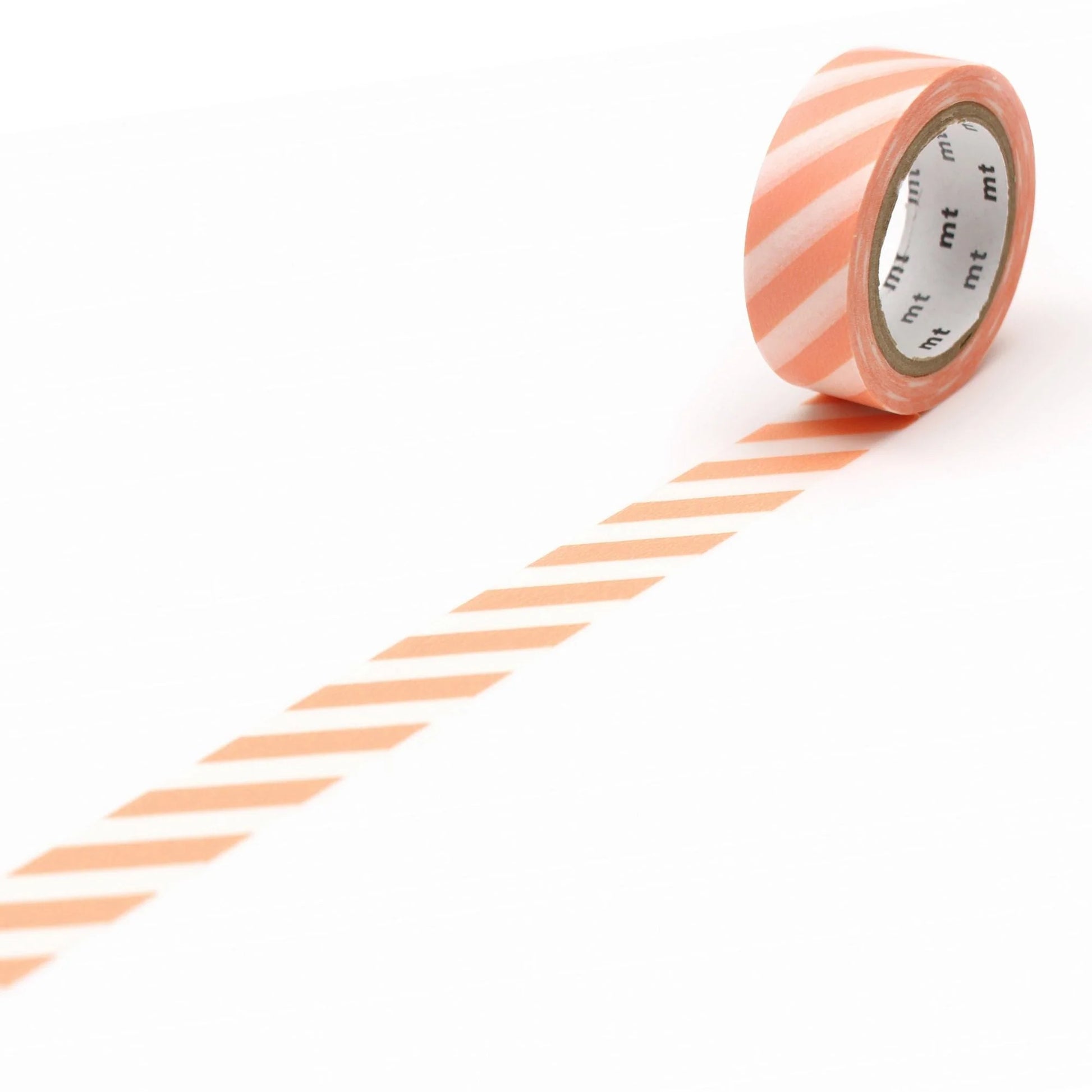 Striped salmon pink tape with pink and white stripes on a white background