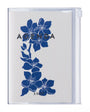 Plastic-bound notebook with blue floral design and 'AGENDA' text on a white background