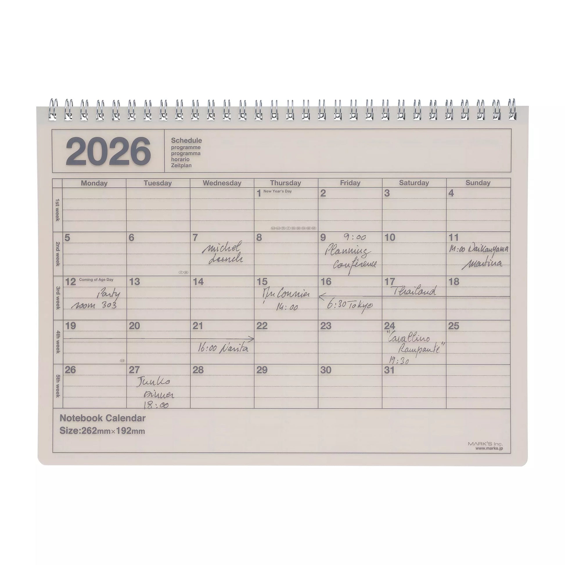 Ivory Desk Calendar from Marks Tokyo Edge that is ring bound, lies flat and is minimalist