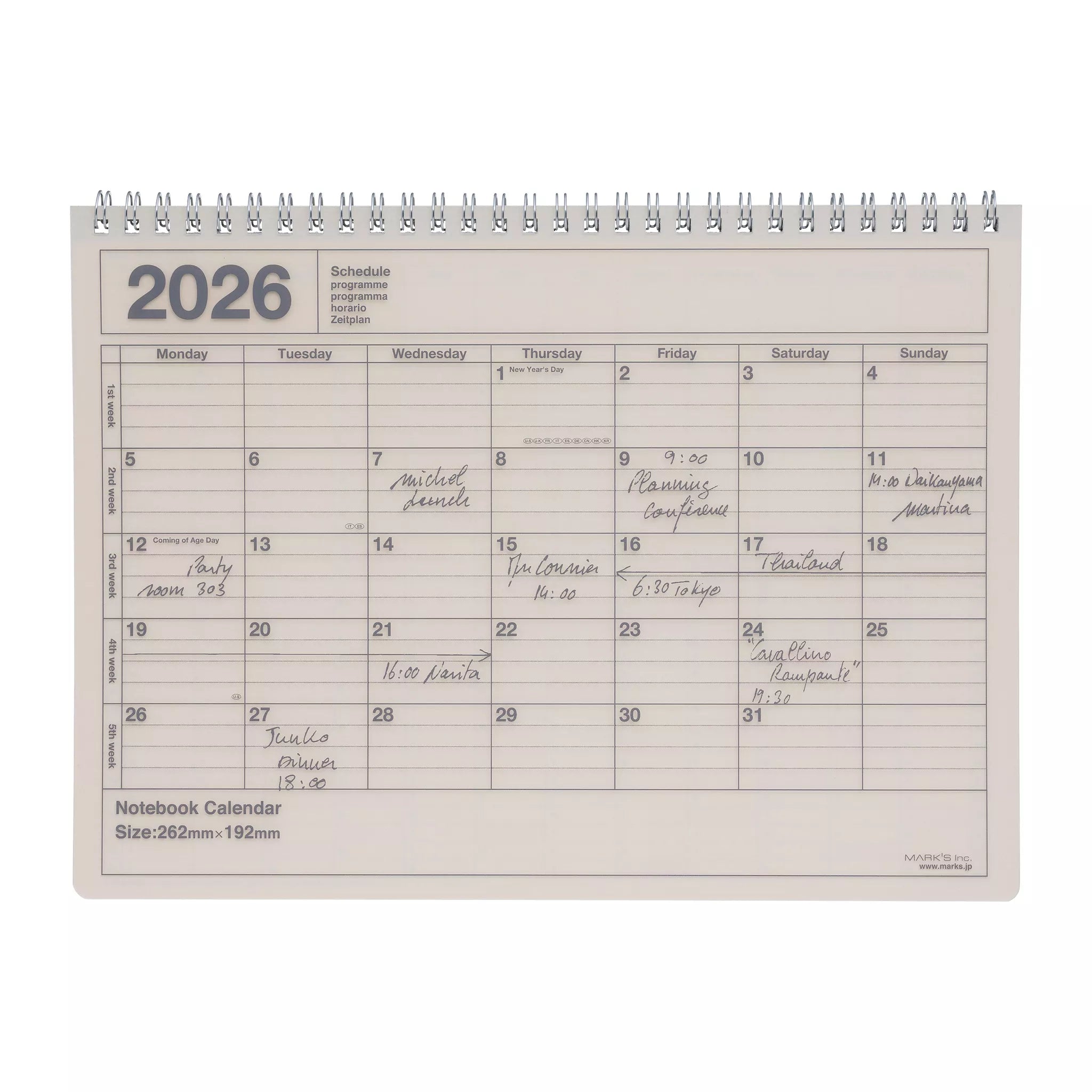 Ivory Desk Calendar from Marks Tokyo Edge that is ring bound, lies flat and is minimalist