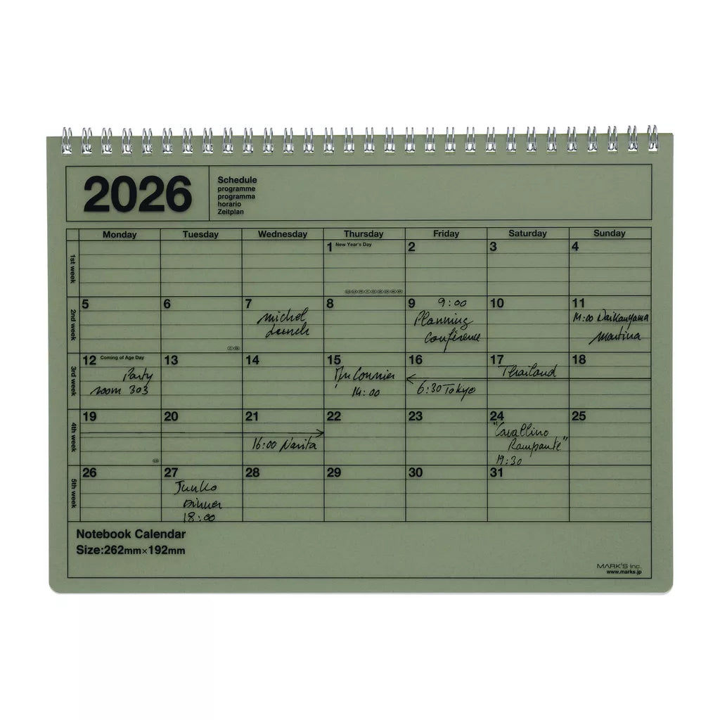 Khaki Desk Calendar from Marks Tokyo Edge that is ring bound, lies flat and is minimalist