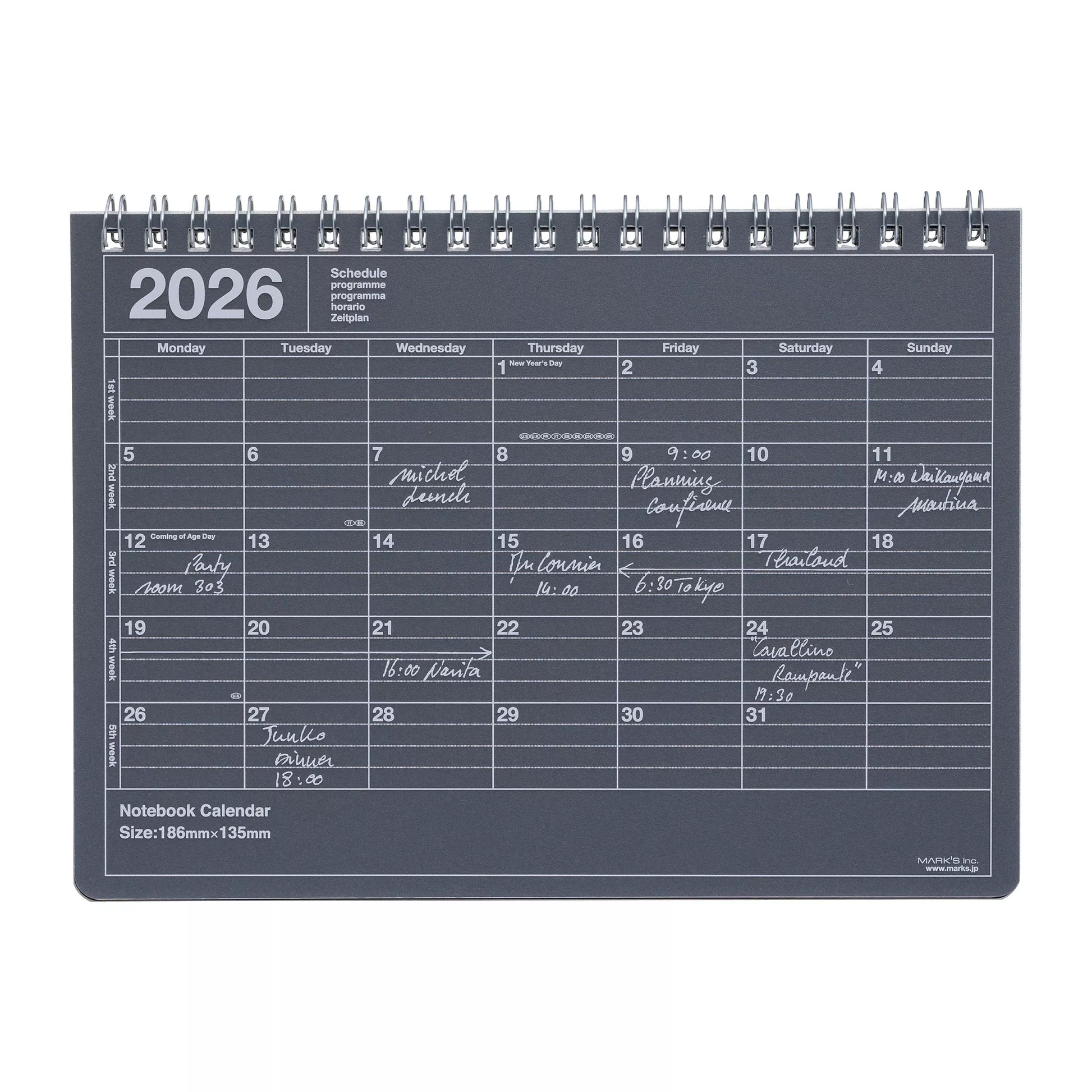 Small Black Desk Calendar from Marks Tokyo Edge that is ring bound, lies flat and is minimalist