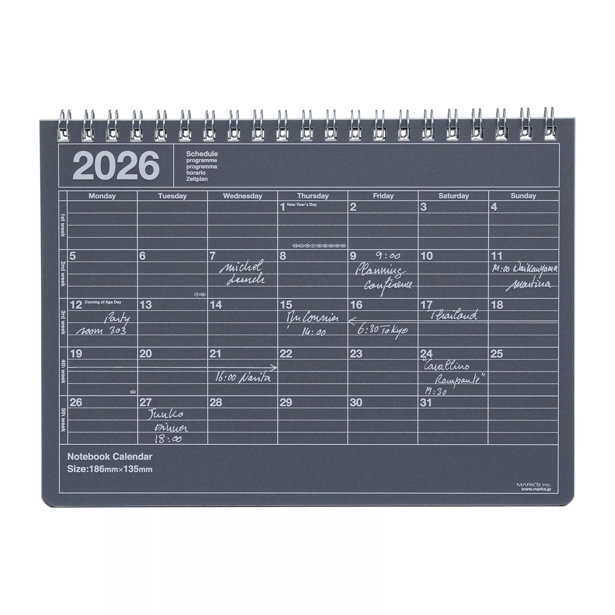 Small Black Desk Calendar from Marks Tokyo Edge that is ring bound, lies flat and is minimalist