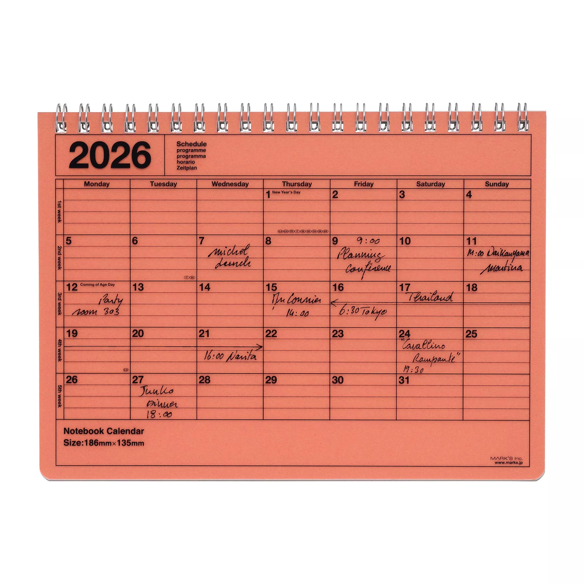 Small Orange Desk Calendar from Marks Tokyo Edge that is ring bound, lies flat and is minimalist