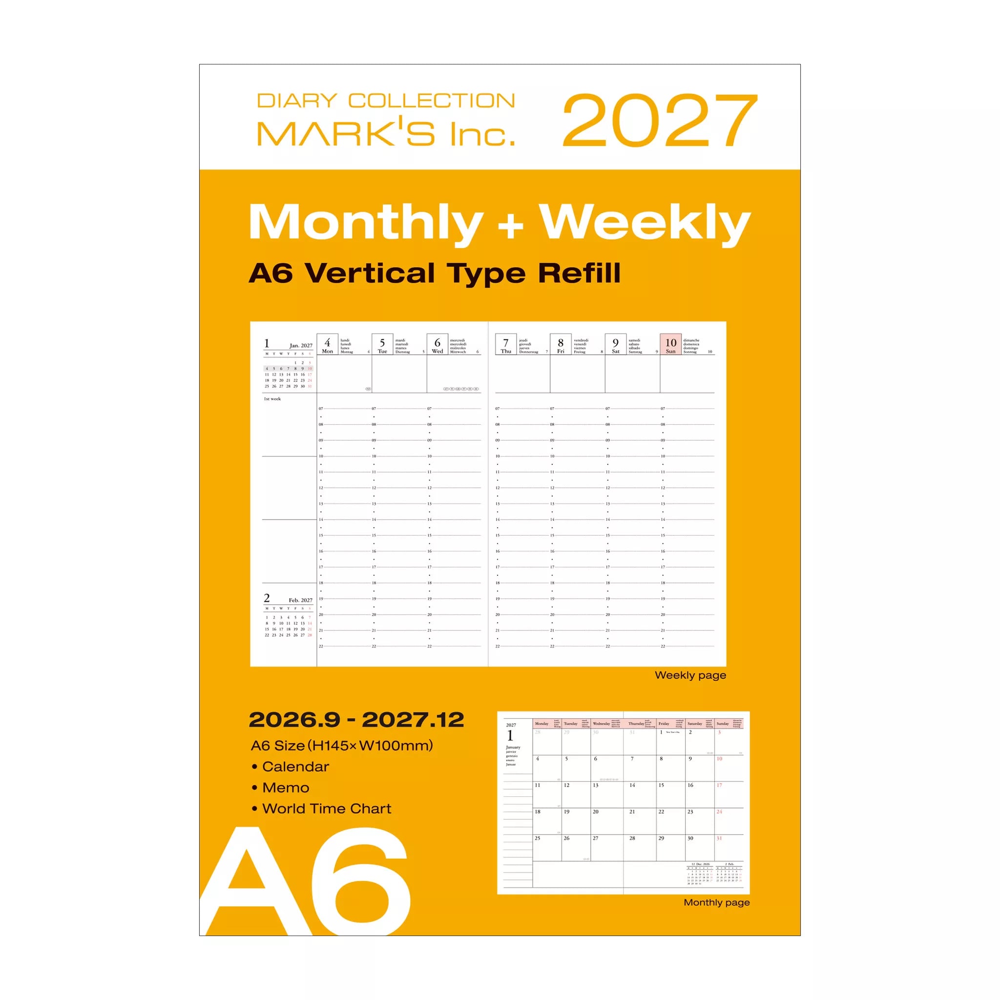 2027 diary collection refill with monthly and weekly layout on a white background